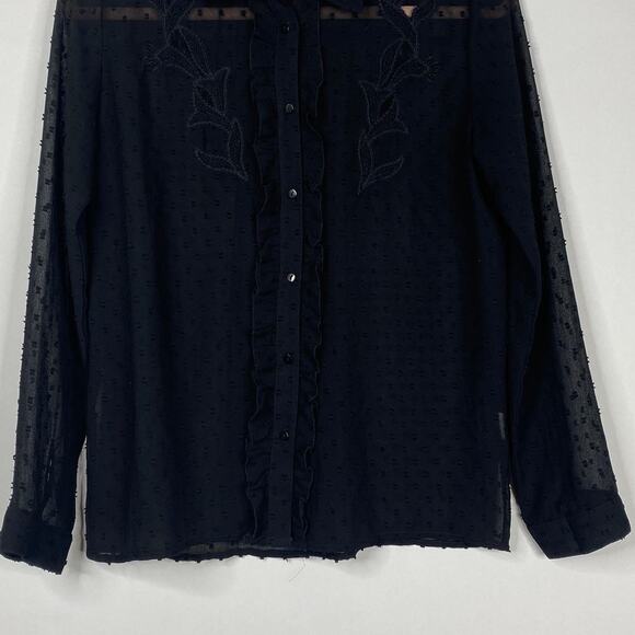 2/$30 ZARA Embroidered Ruffle Button-Down Sheer Blouse XS Floral Black #6267 - Picture 5 of 14